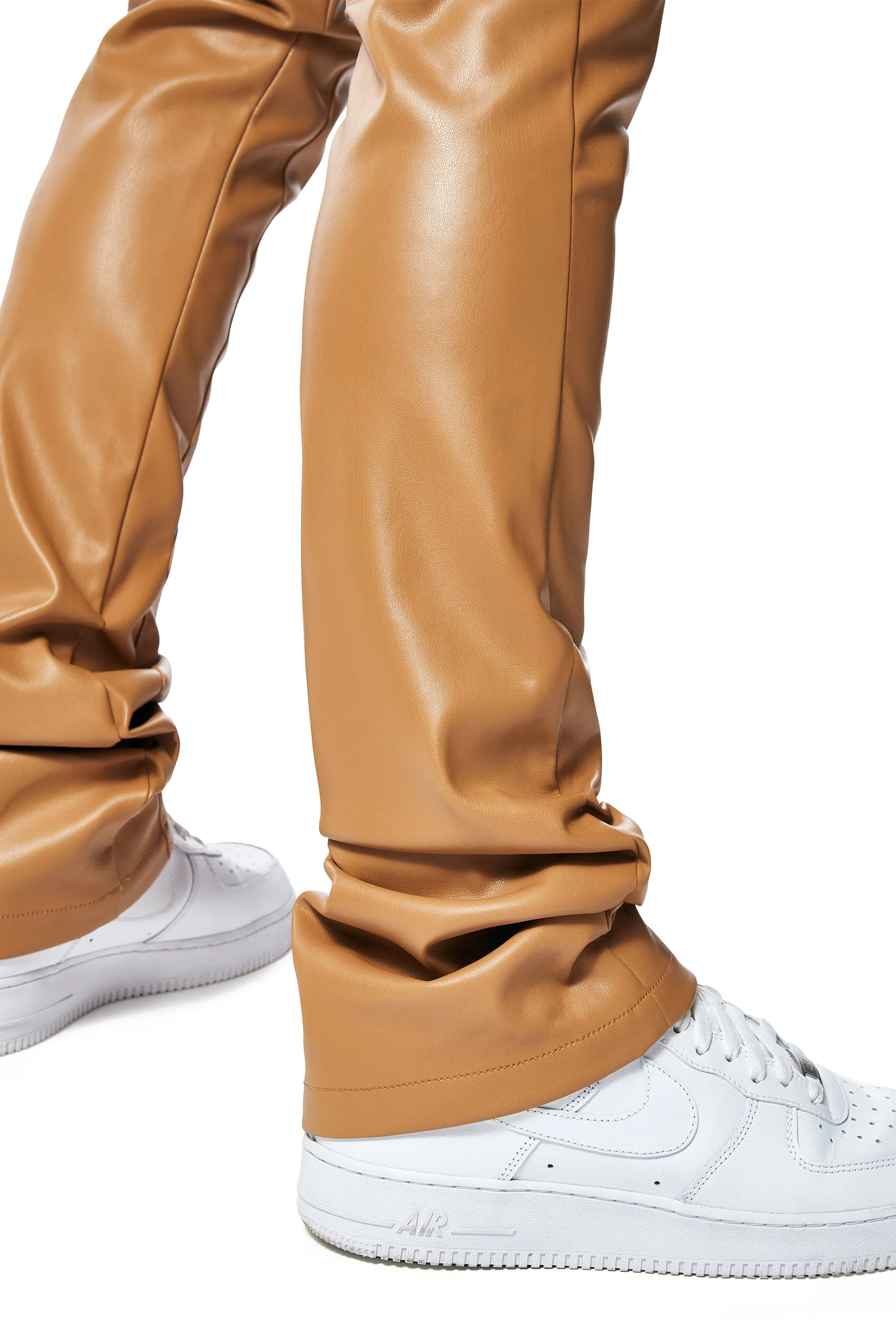 3D Embroidered Cargo Vegan Leather Pants - Tan