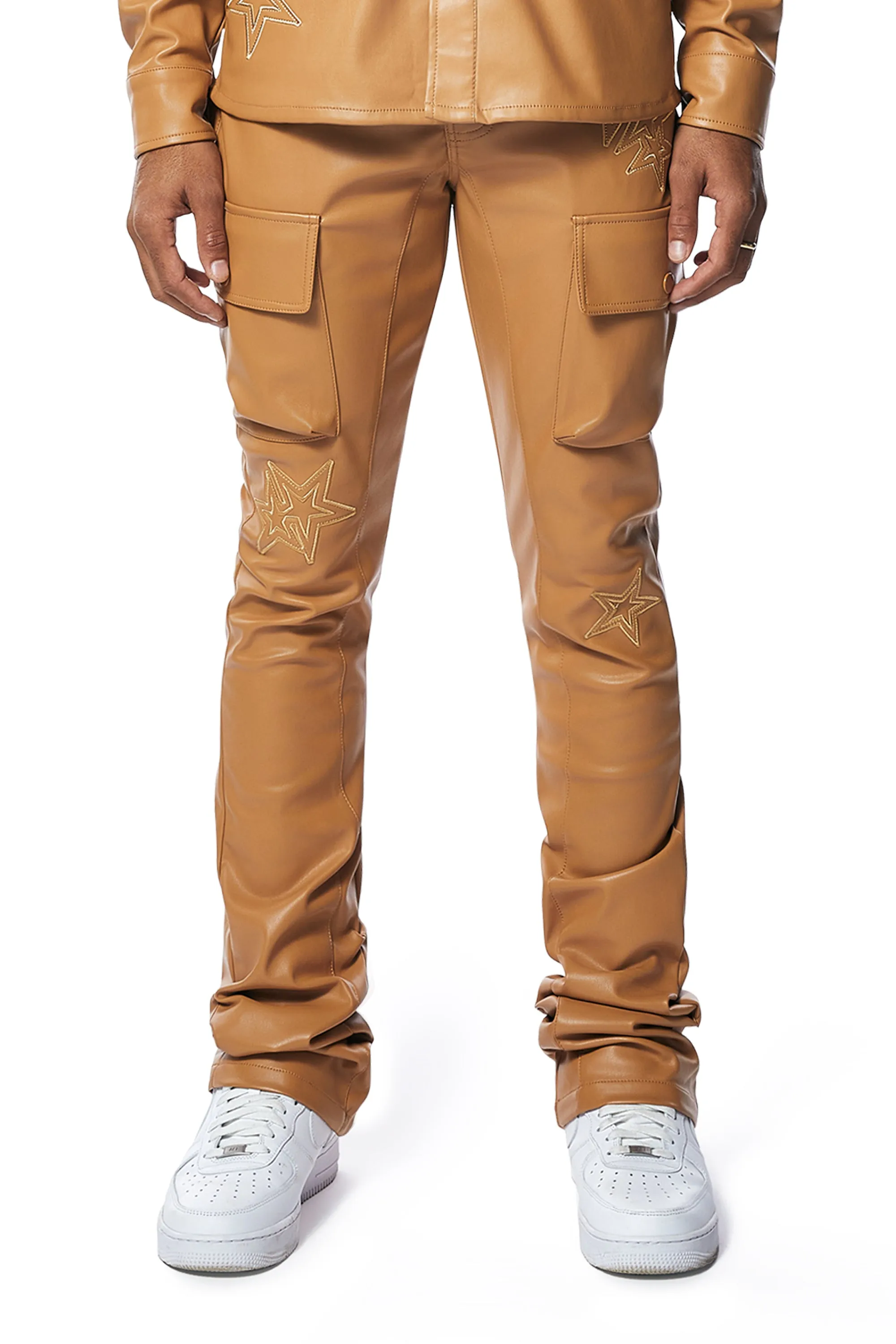 3D Embroidered Cargo Vegan Leather Pants - Tan