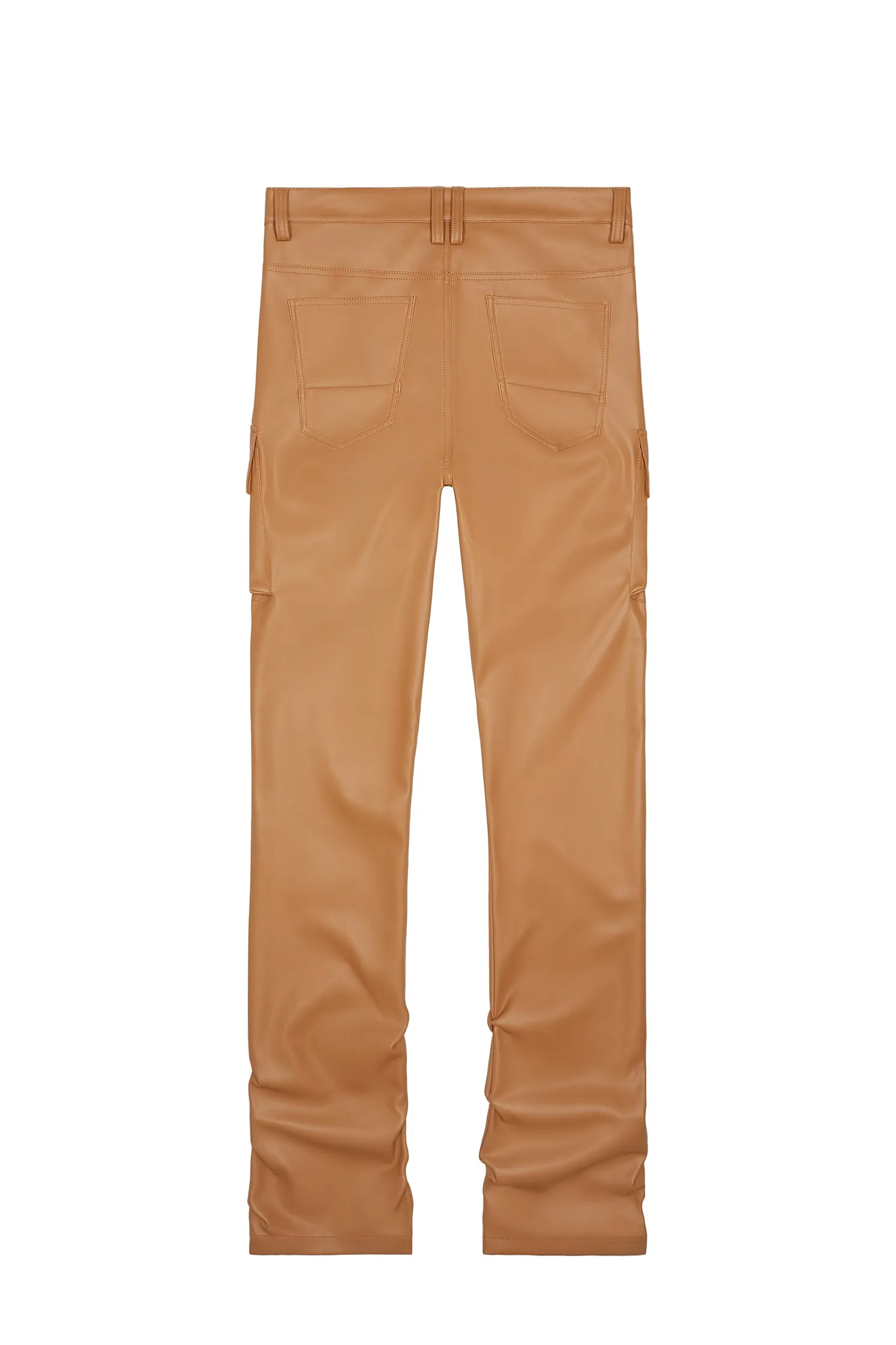 3D Embroidered Cargo Vegan Leather Pants - Tan