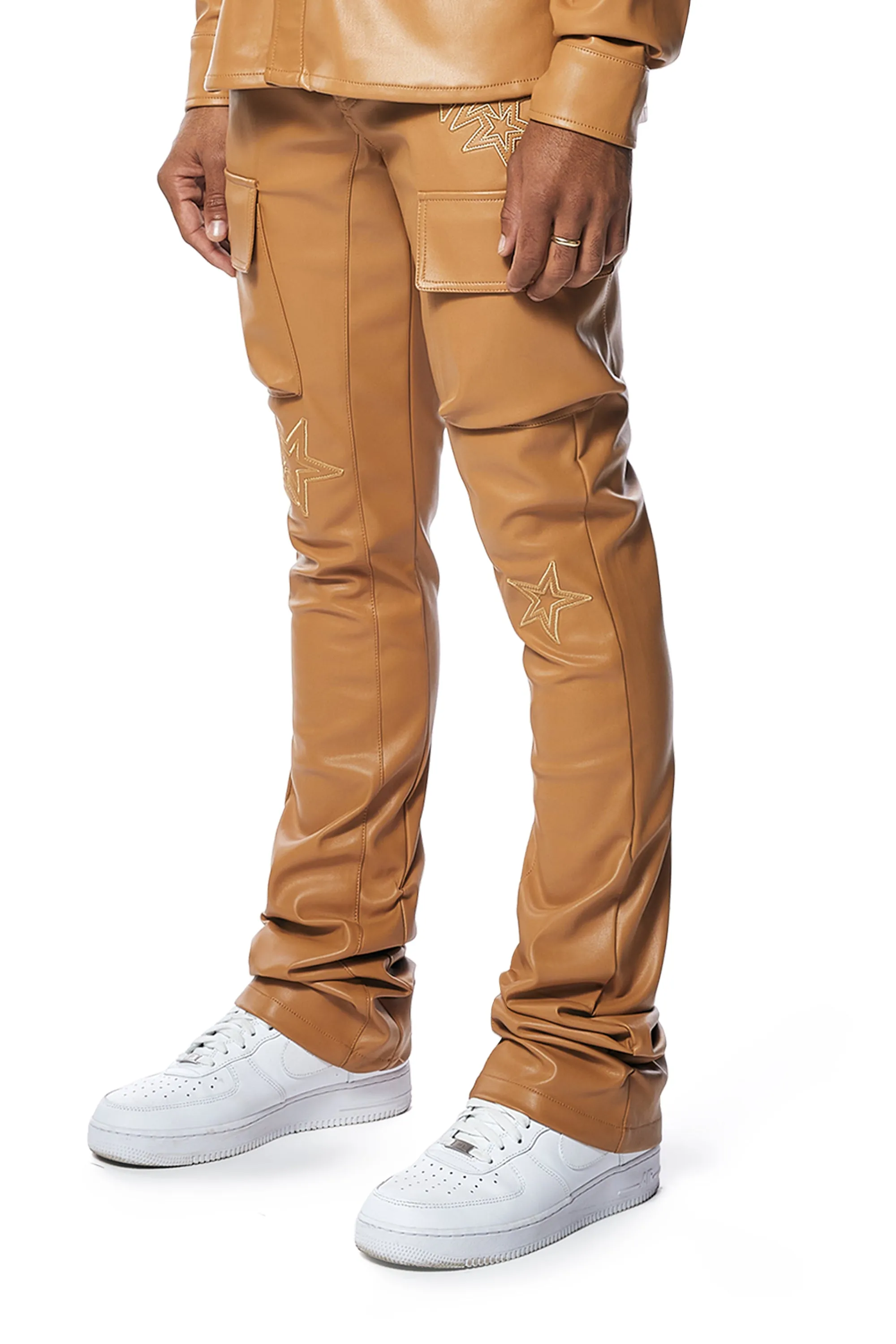 3D Embroidered Cargo Vegan Leather Pants - Tan