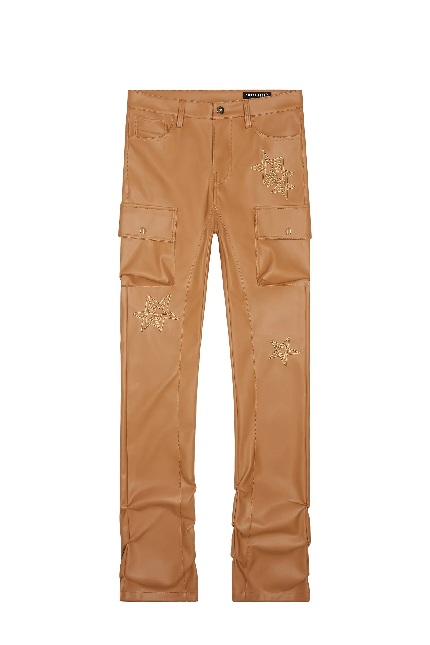 3D Embroidered Cargo Vegan Leather Pants - Tan