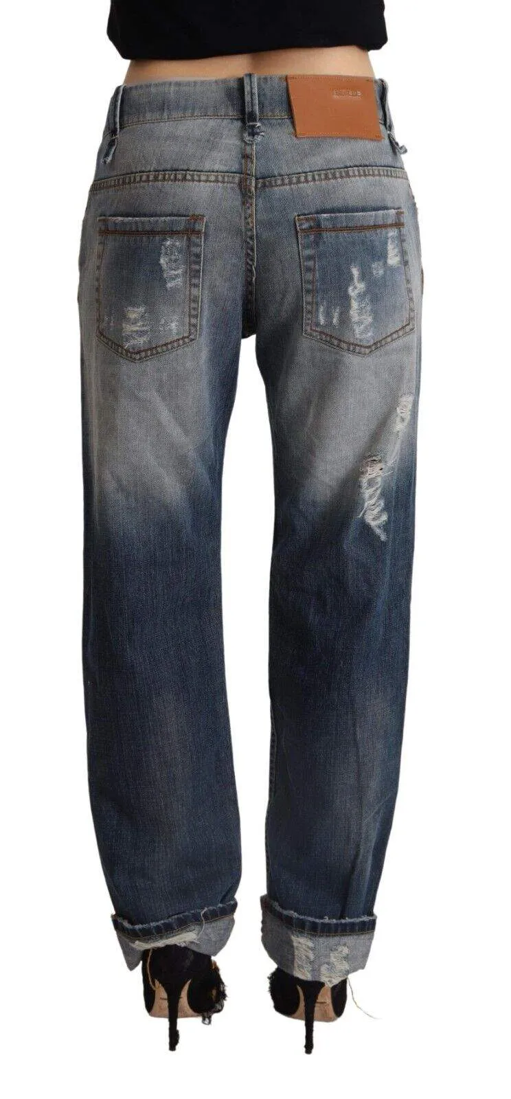 Acht Blue Tattered Mid Waist Straight Denim Cotton Jeans