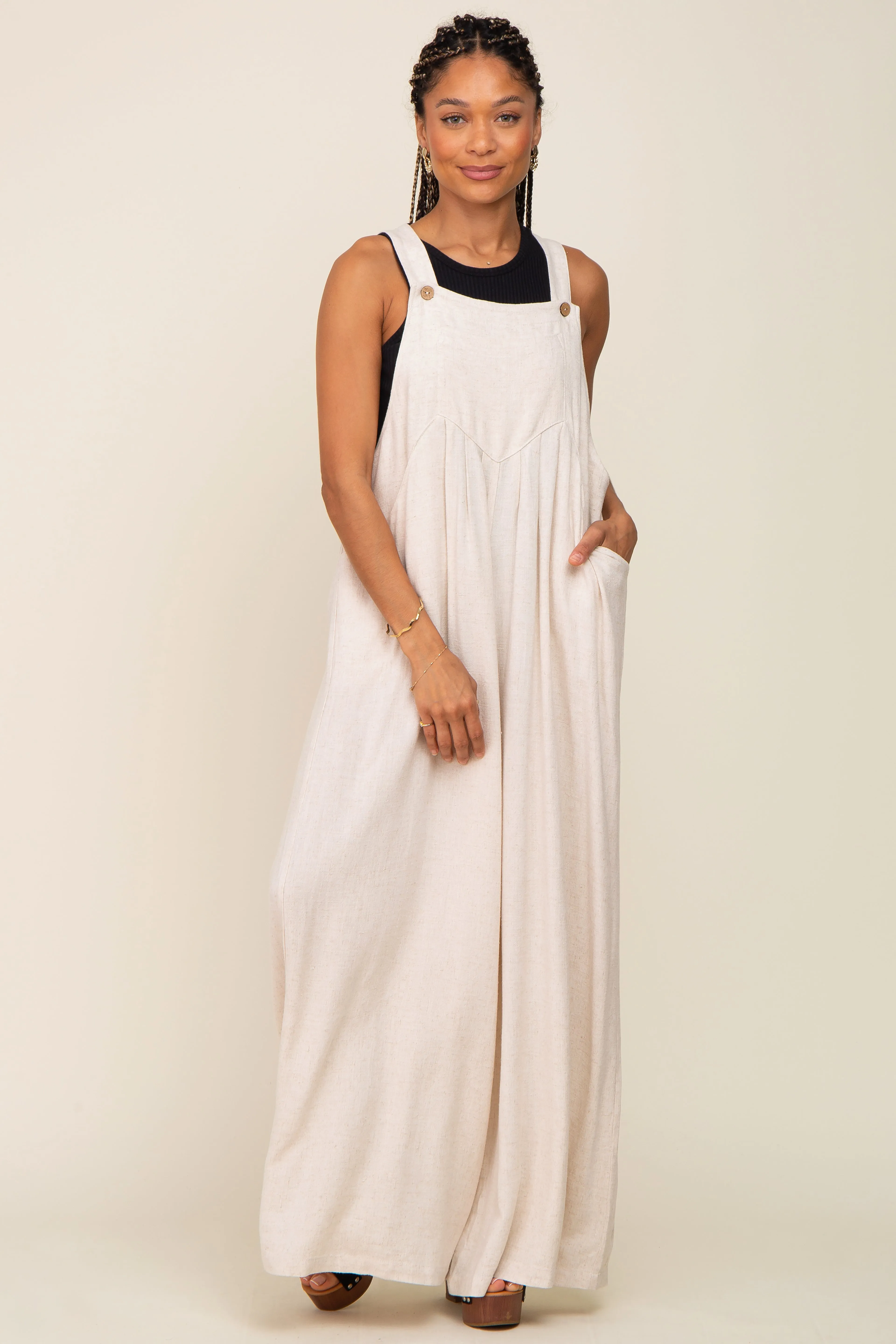 Beige Sleeveless Wide Leg Maternity Jumpsuit