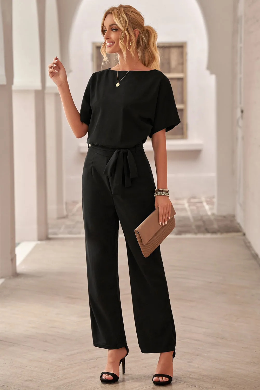 Black Belted Wide Leg Jumpsuit