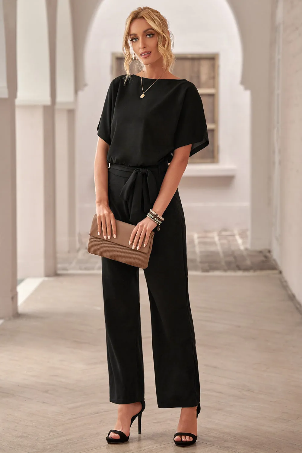 Black Belted Wide Leg Jumpsuit