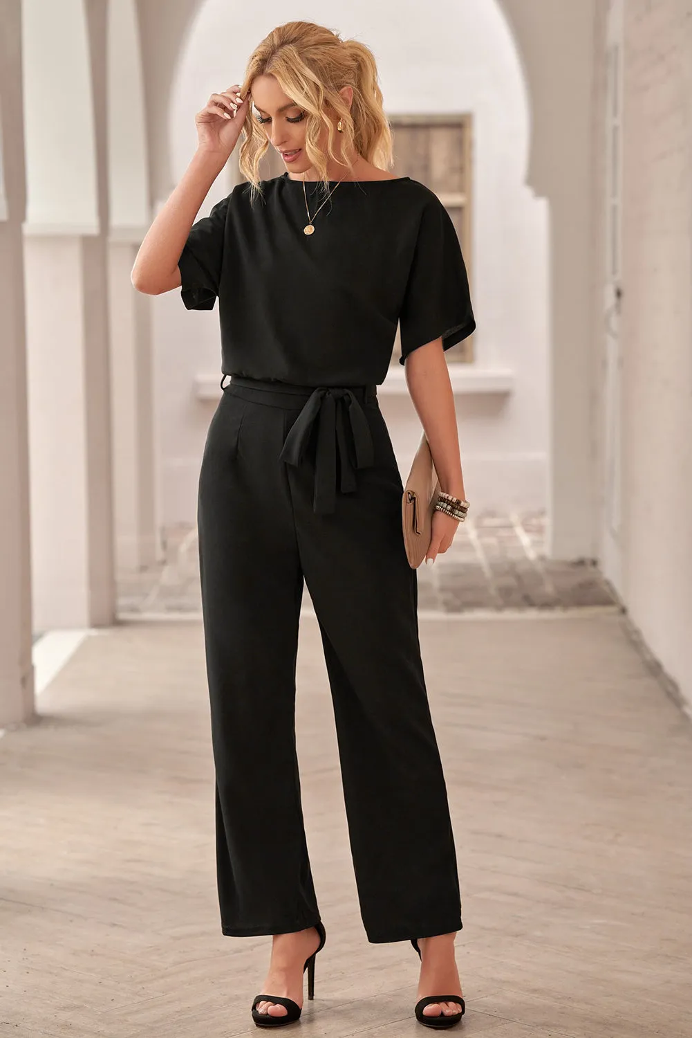 Black Belted Wide Leg Jumpsuit