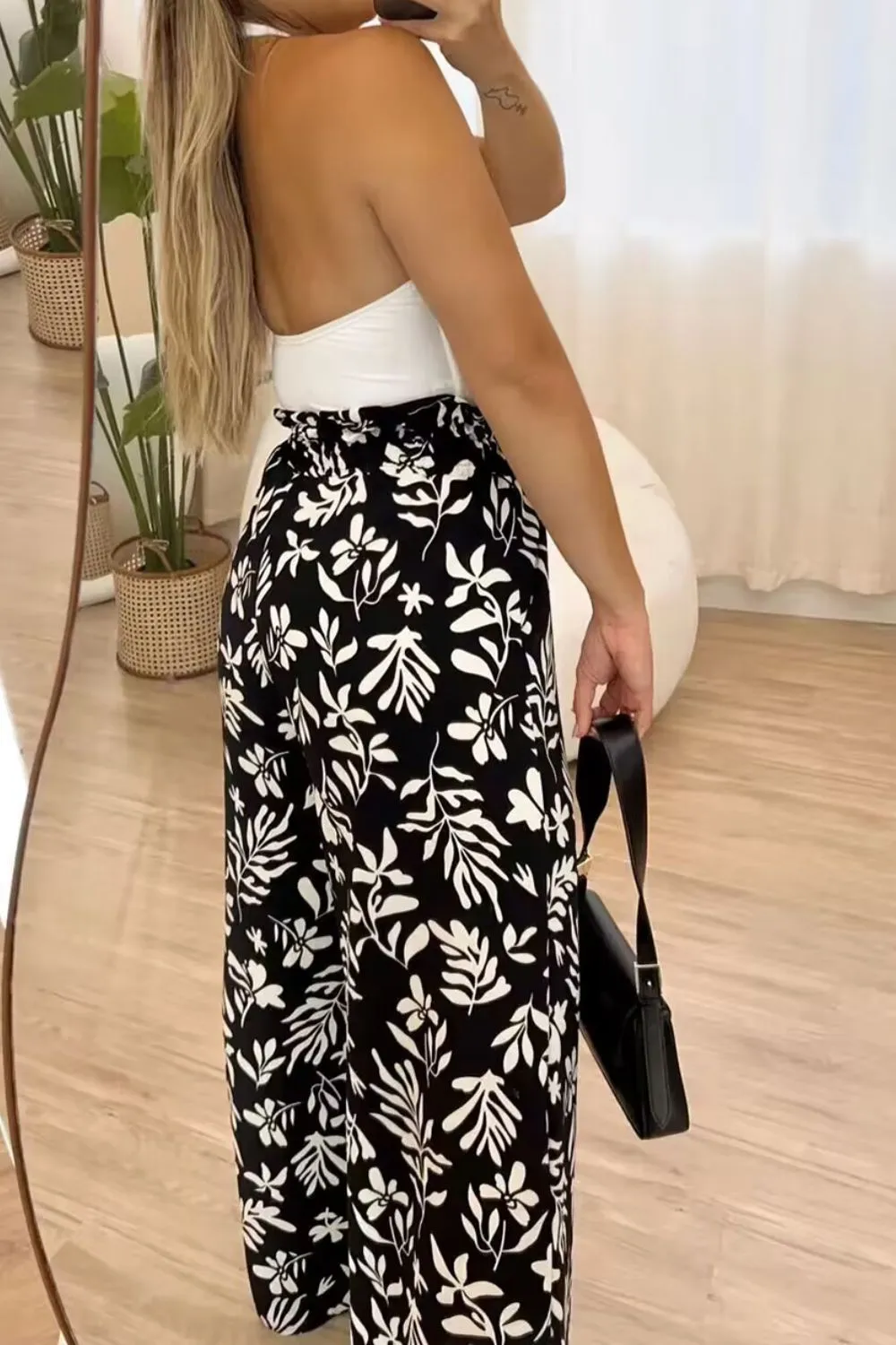 Black Floral Wide Leg Pants (S - 3X)