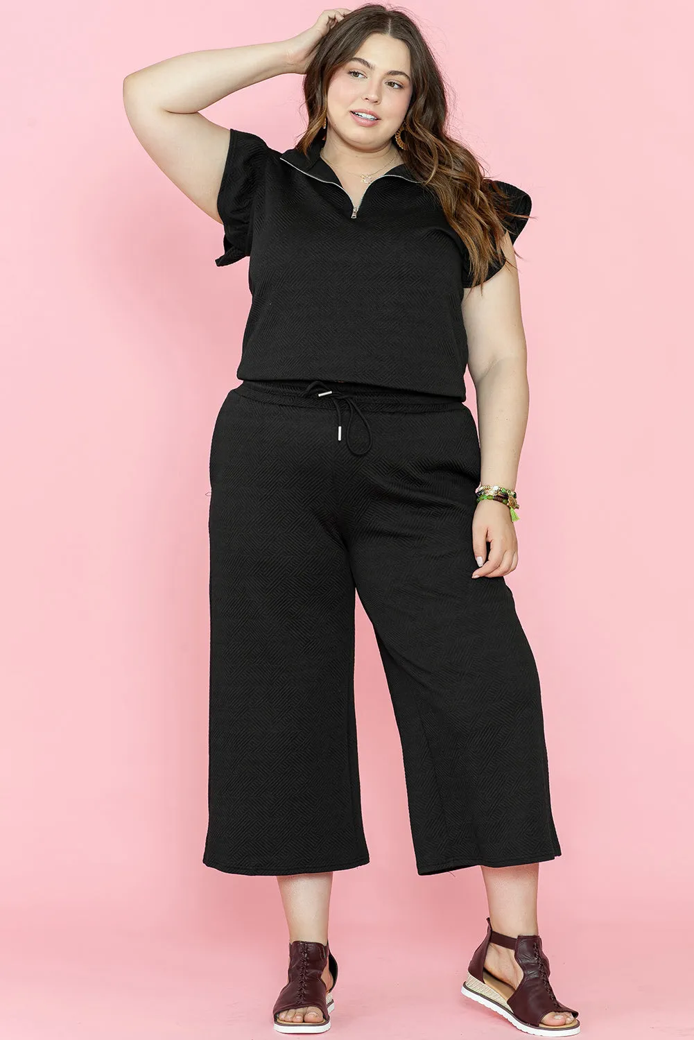 Black Plus Ruffled Sleeve Quarter Zip Top Wide Leg Pants Set