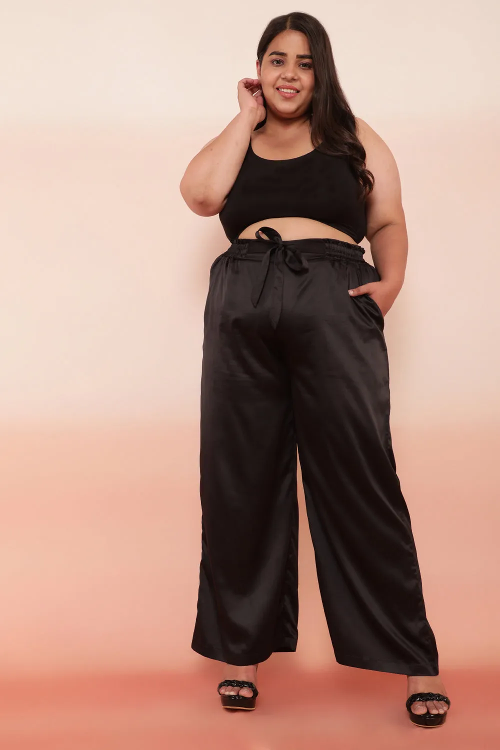 Black Solid Satin High Waist Pants