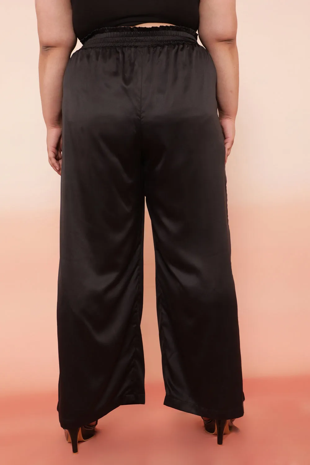 Black Solid Satin High Waist Pants