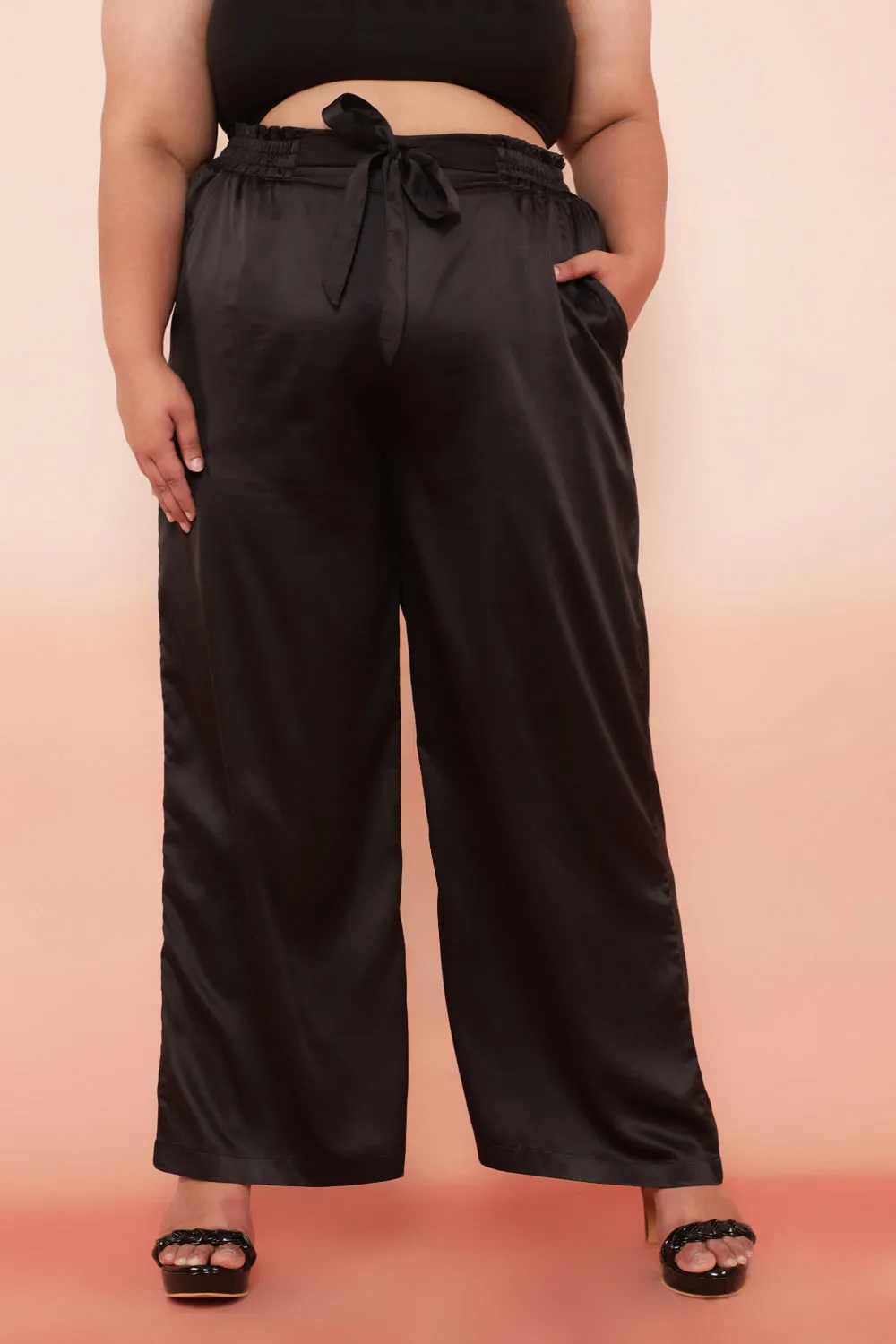 Black Solid Satin High Waist Pants