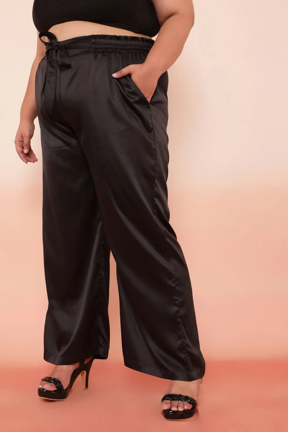 Black Solid Satin High Waist Pants