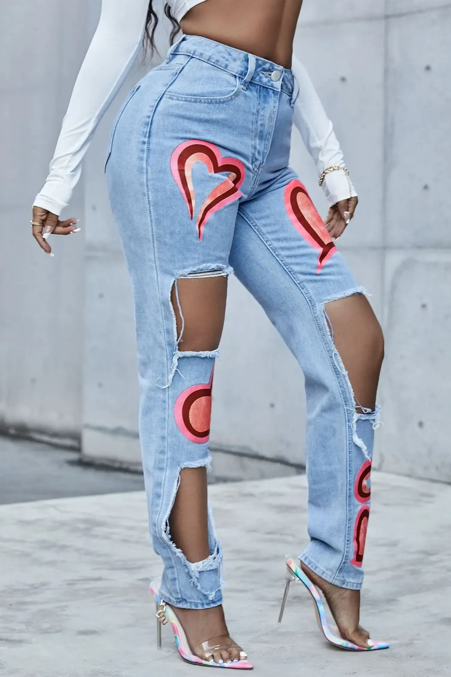 Blue High Waisted Heart Print Ripped Mom Jeans