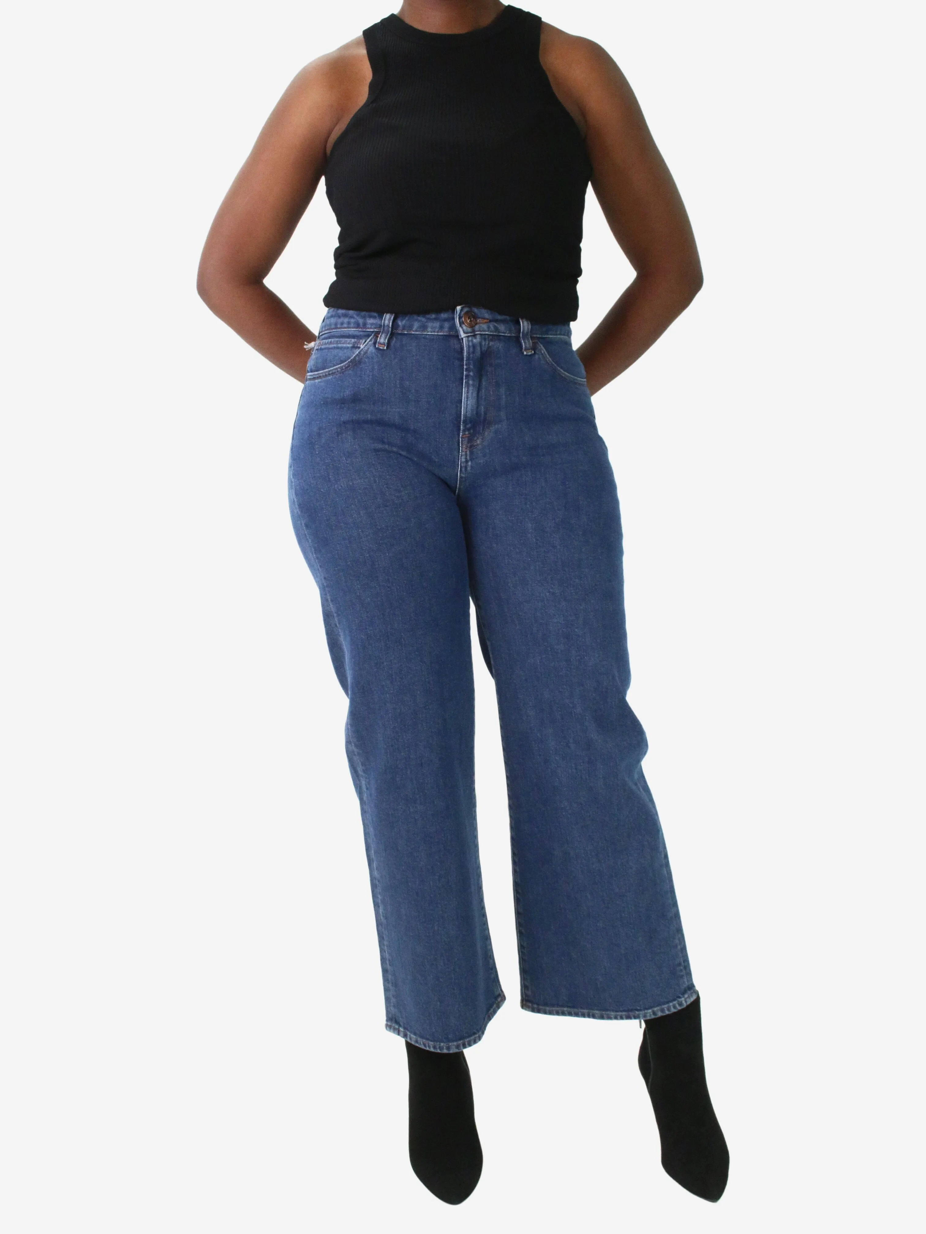 Blue mid-rise cropped flare jeans - size UK 14