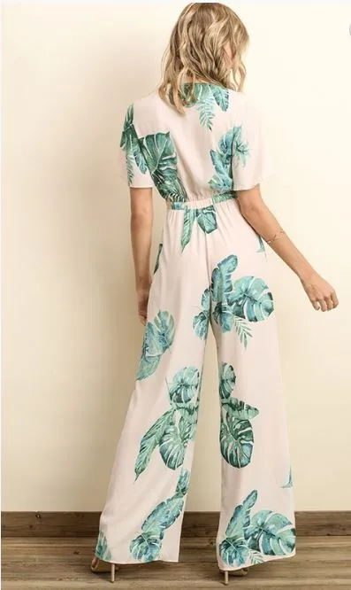 Blush Floral Palm Print Cutout Jumpsuit