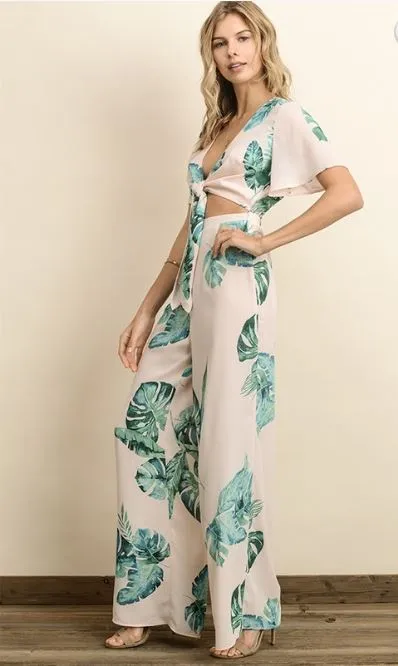 Blush Floral Palm Print Cutout Jumpsuit