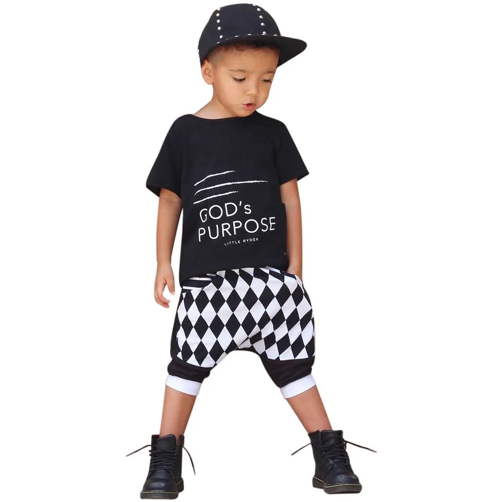 Boys Checkered Cropped Harem Pants 2 Pcs Set