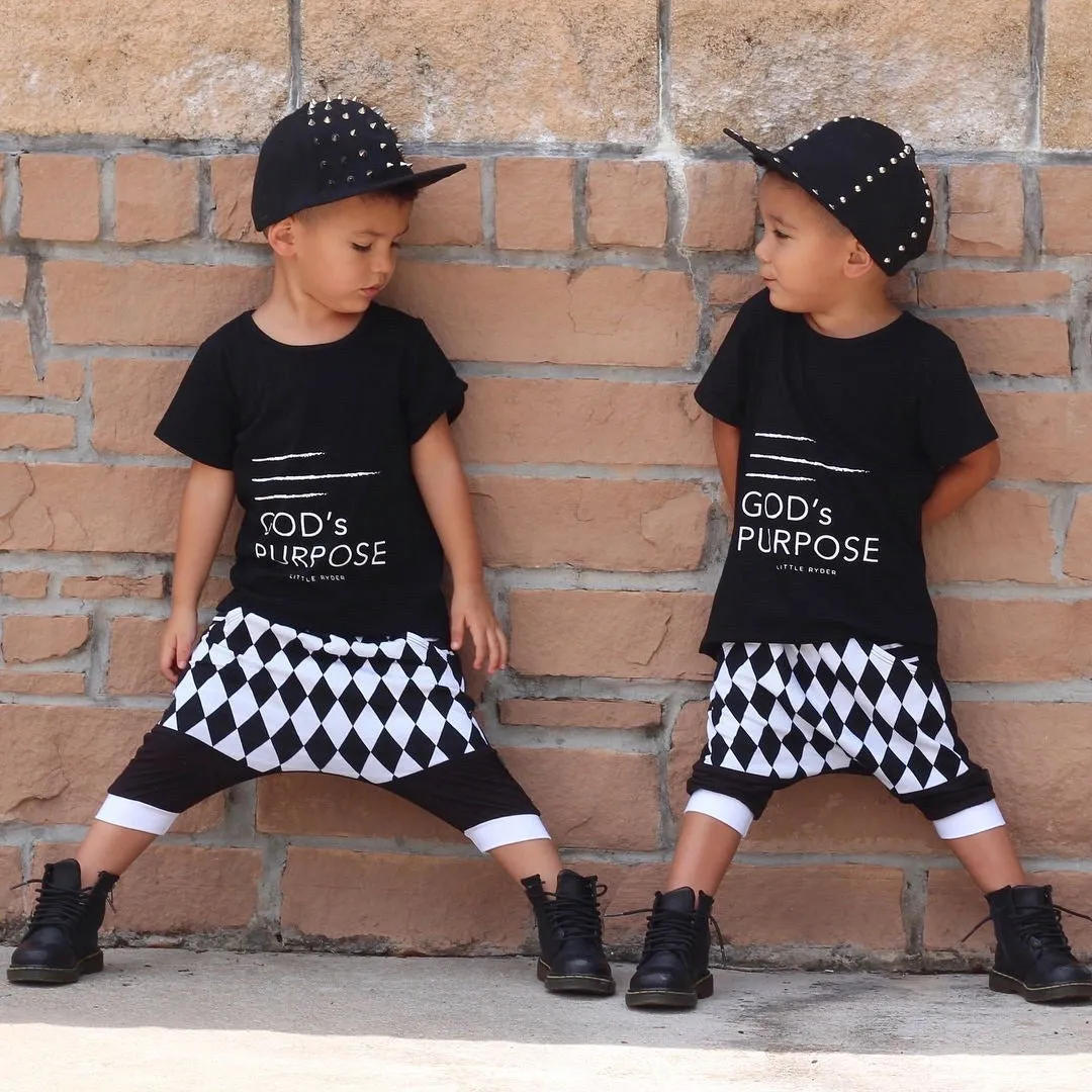 Boys Checkered Cropped Harem Pants 2 Pcs Set