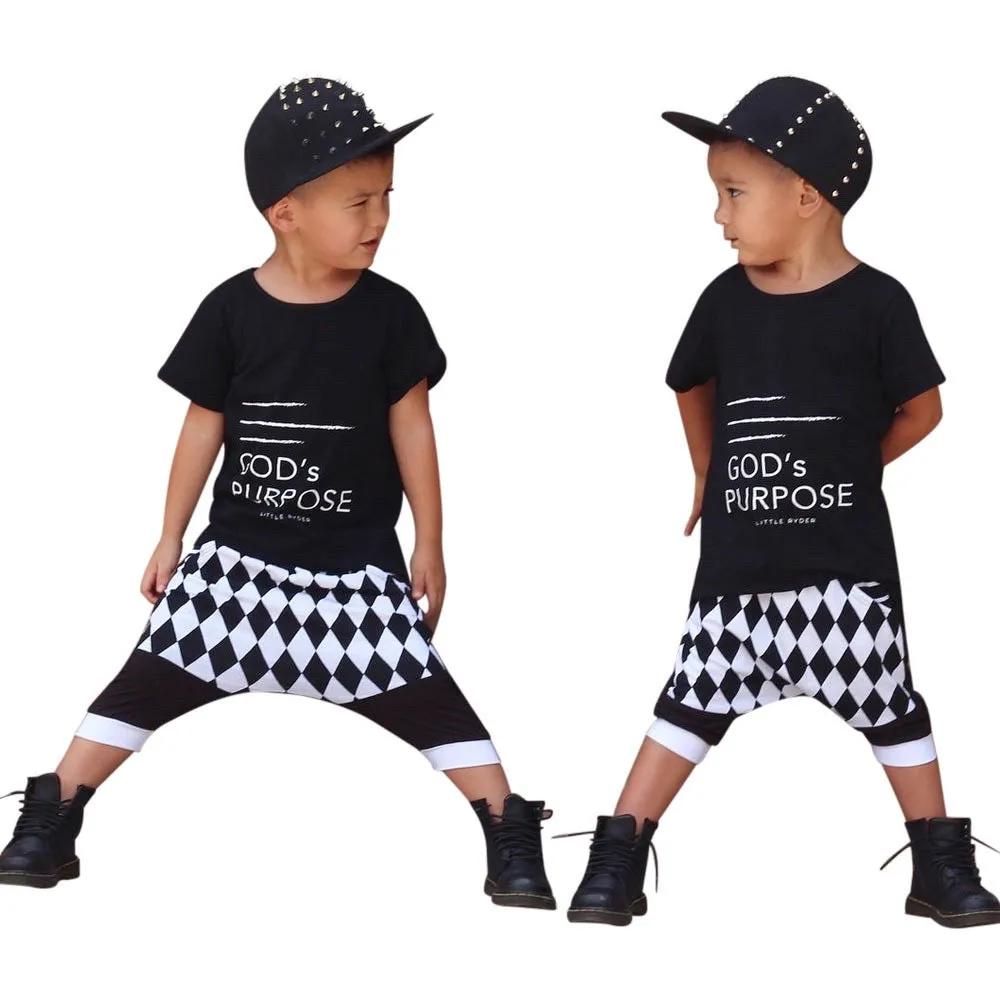 Boys Checkered Cropped Harem Pants 2 Pcs Set