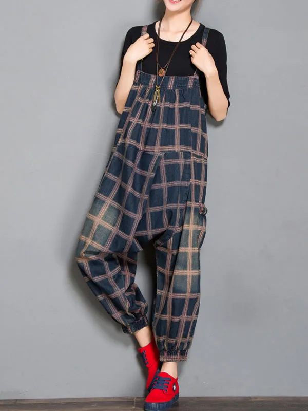 Colleen Denim Harem Overall Dungarees with Plaids Prints