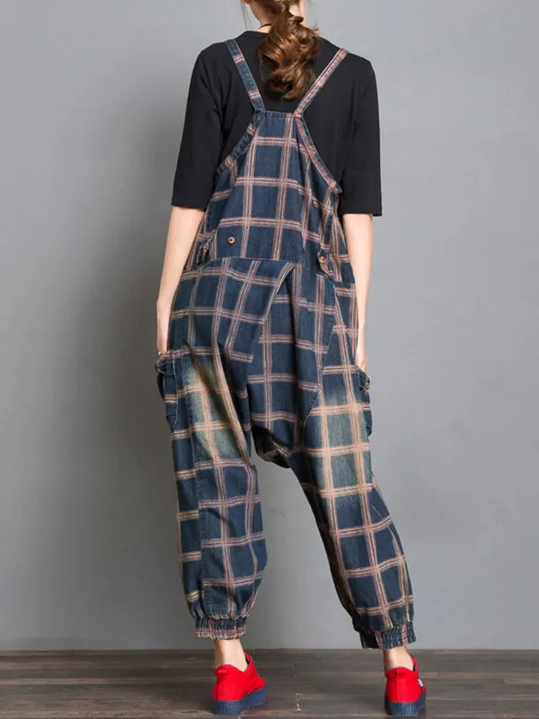 Colleen Denim Harem Overall Dungarees with Plaids Prints