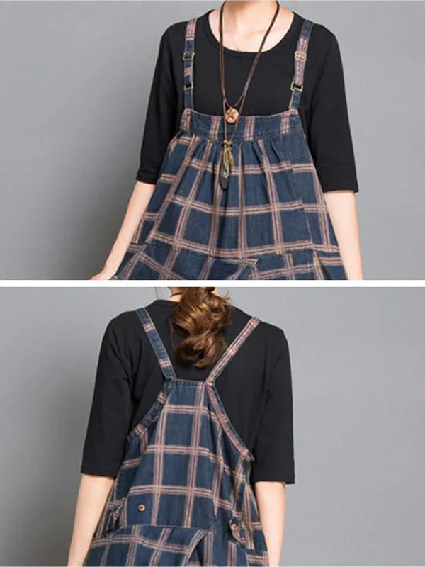 Colleen Denim Harem Overall Dungarees with Plaids Prints