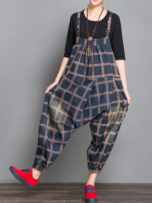 Colleen Denim Harem Overall Dungarees with Plaids Prints