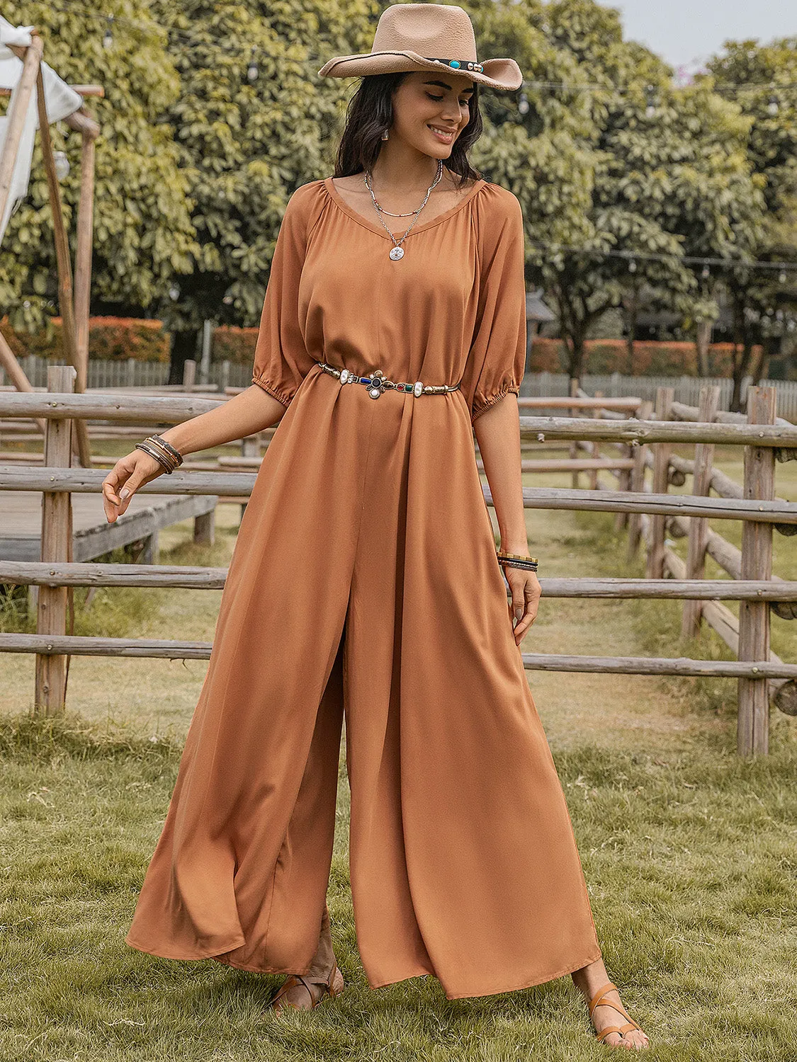 Comfy Chic Caramel Wide Leg Jumpsuit