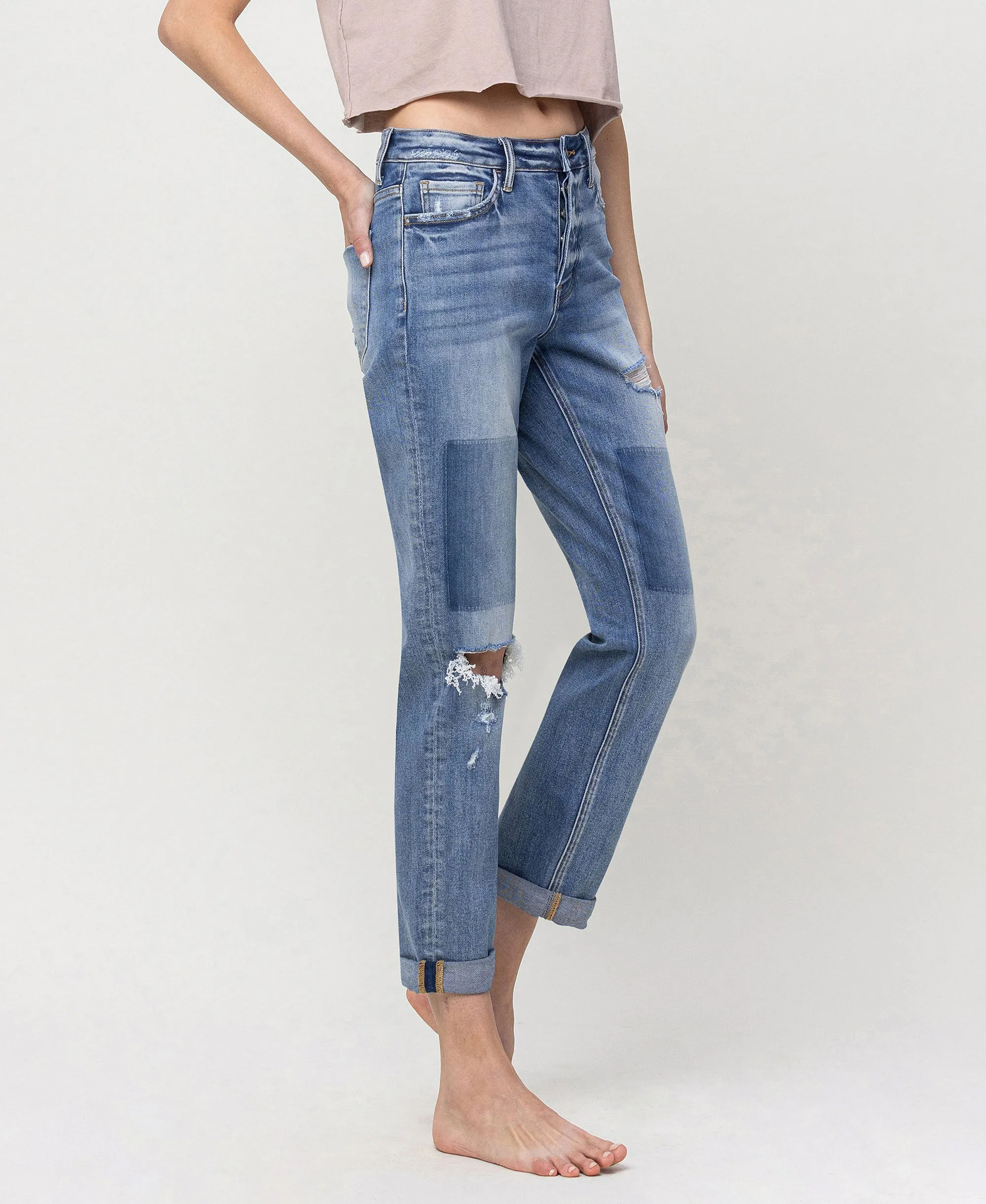 Commander - Mid Rise Button Fly Cuffed Boyfriend Jeans