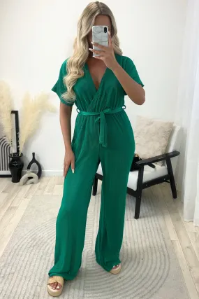 Danica Green Tie Belt Wrap Plisse Wide Leg Jumpsuit