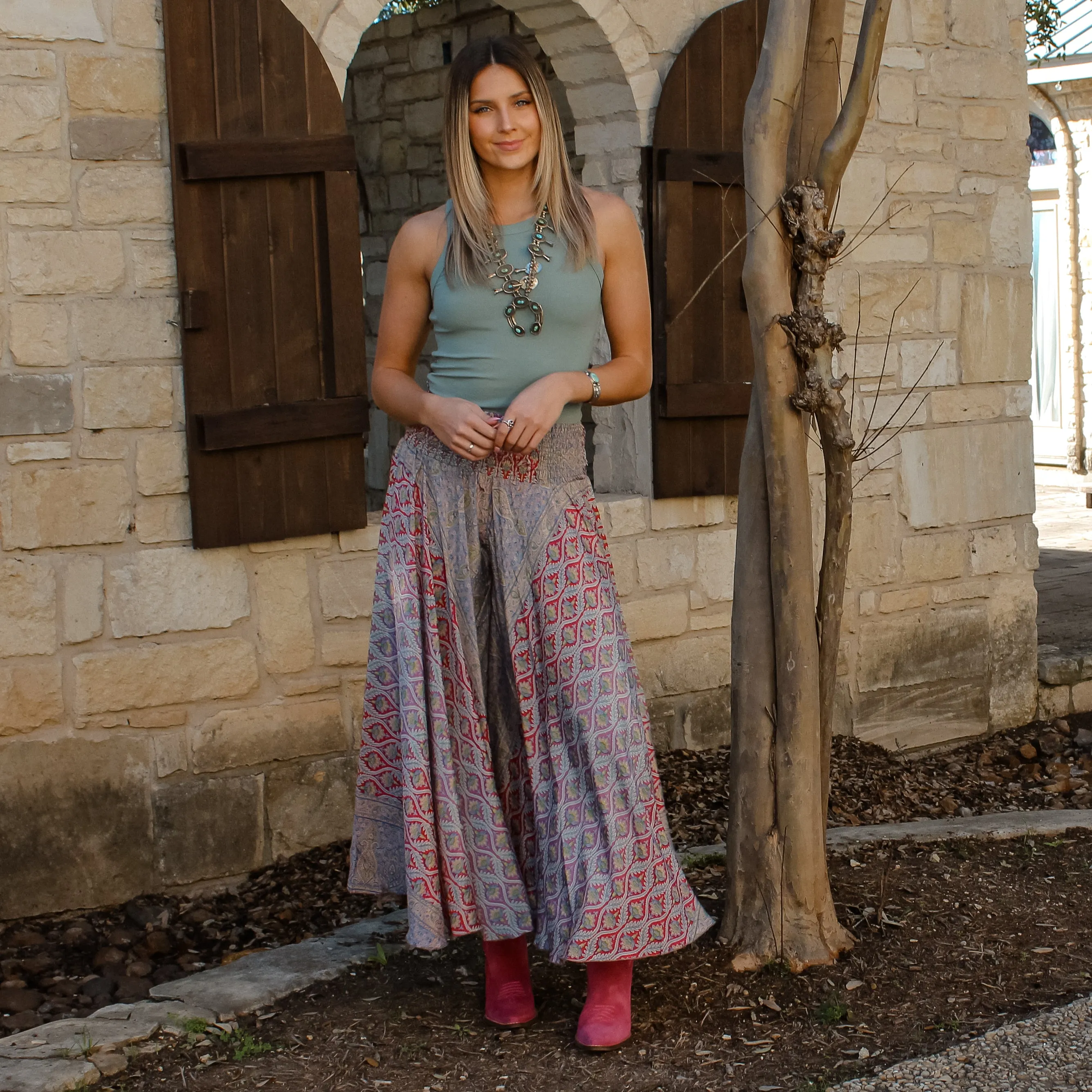 Dolma Wide Leg Printed Pants Pink/Green