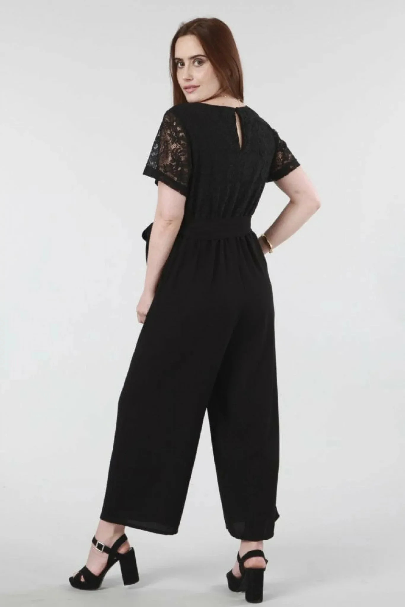 Double Second Black Lace Wrap Wide Leg Jumpsuit