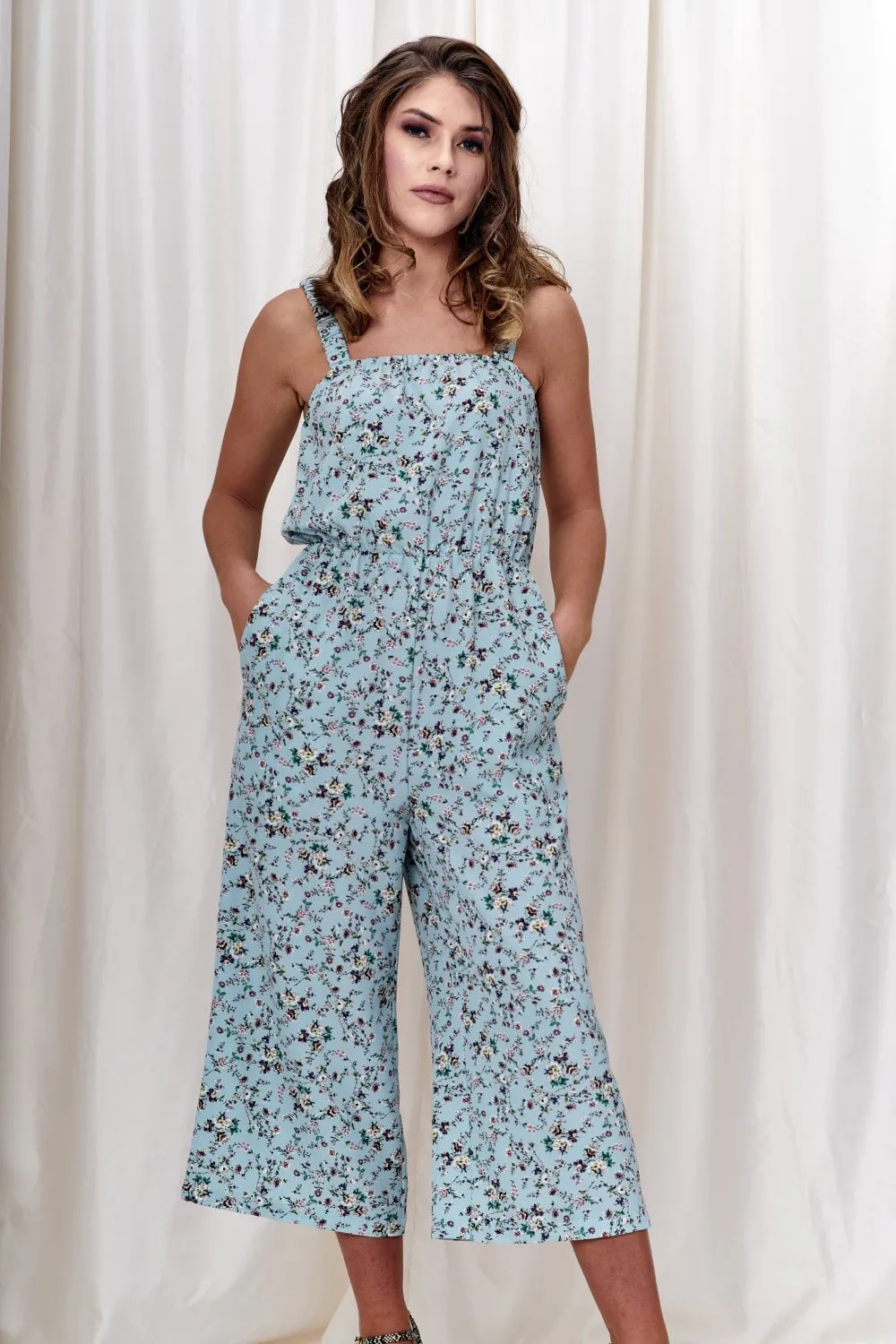 Double Second Blue Floral Print Wide Leg Jumpsuit