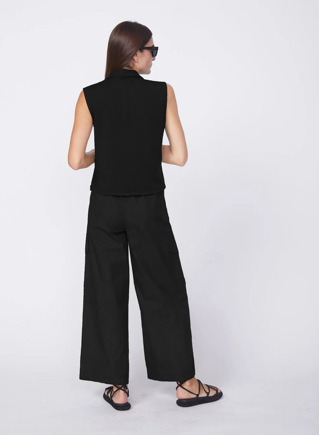 Fine Poplin Wide Leg Cargo Pant in Black