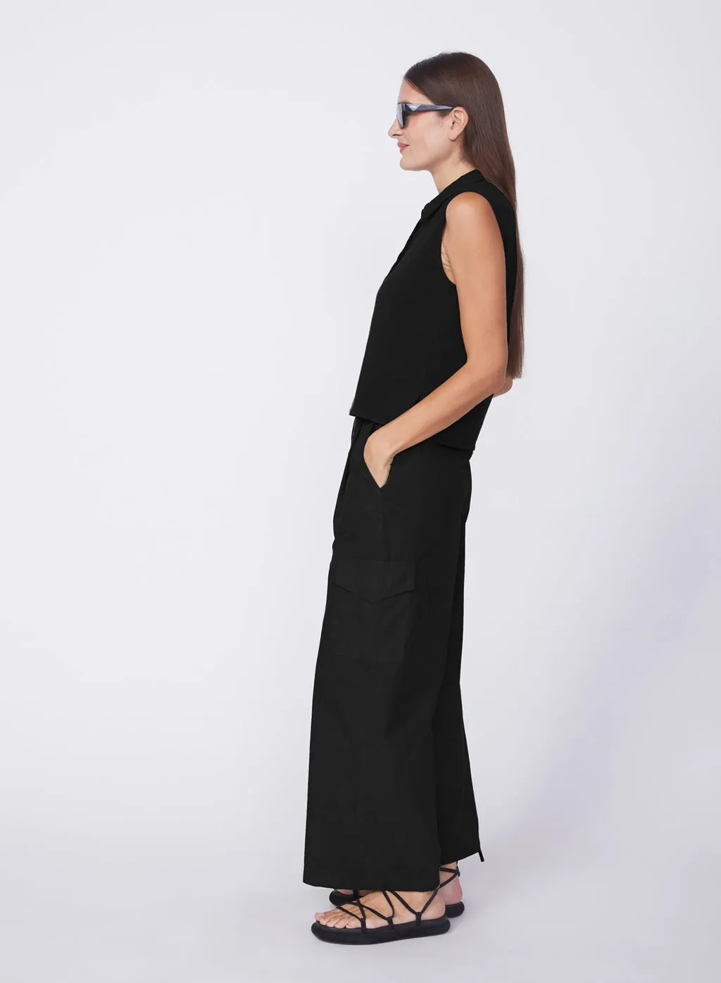 Fine Poplin Wide Leg Cargo Pant in Black