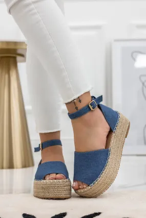 GARY - Sandali blu jeans espadrilles con zeppa e cinturino