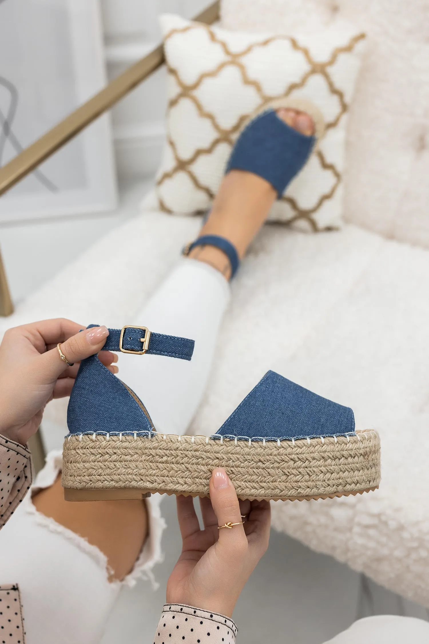 GARY - Sandali blu jeans espadrilles con zeppa e cinturino