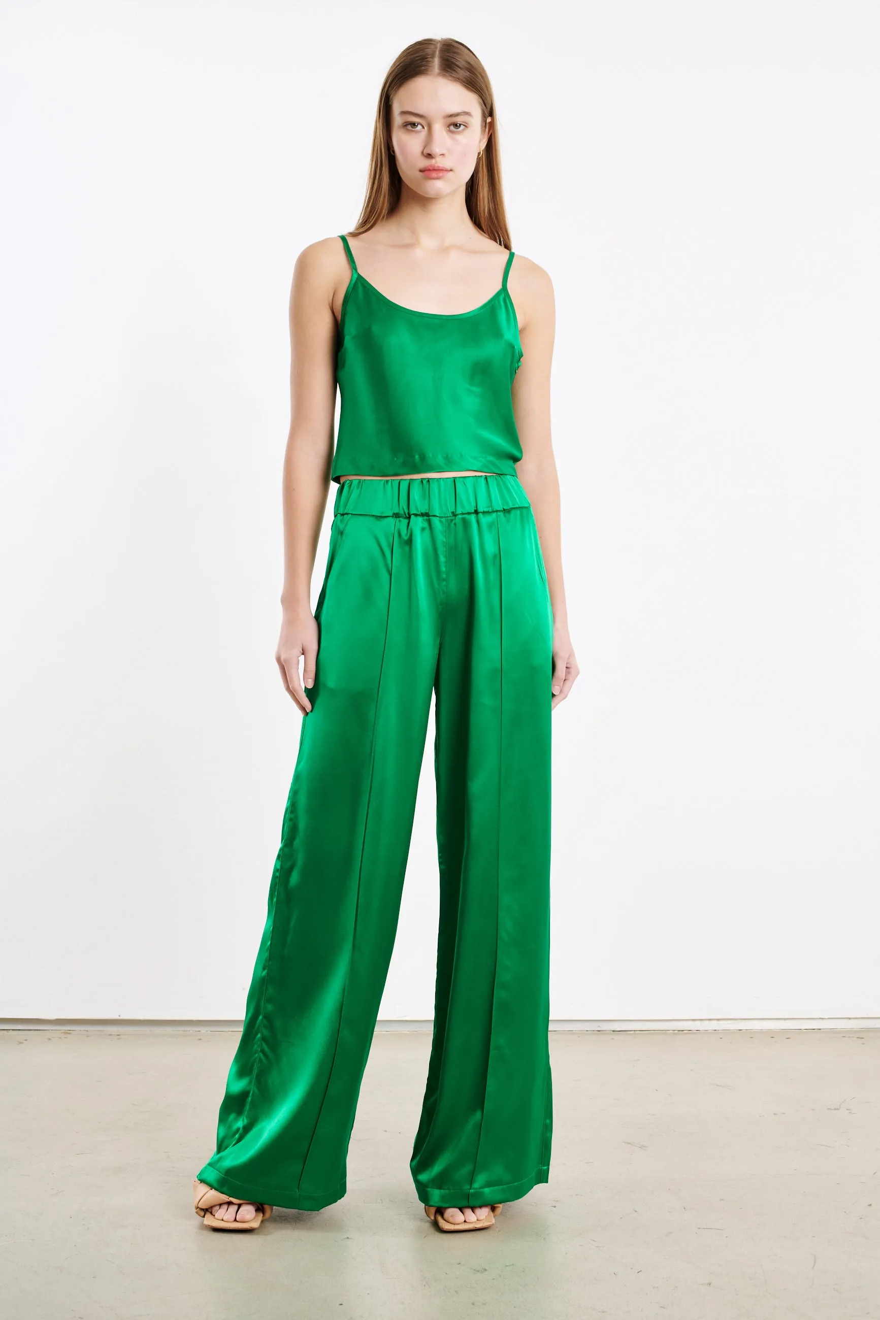 Green Silk Wide Leg Pintuck Pants