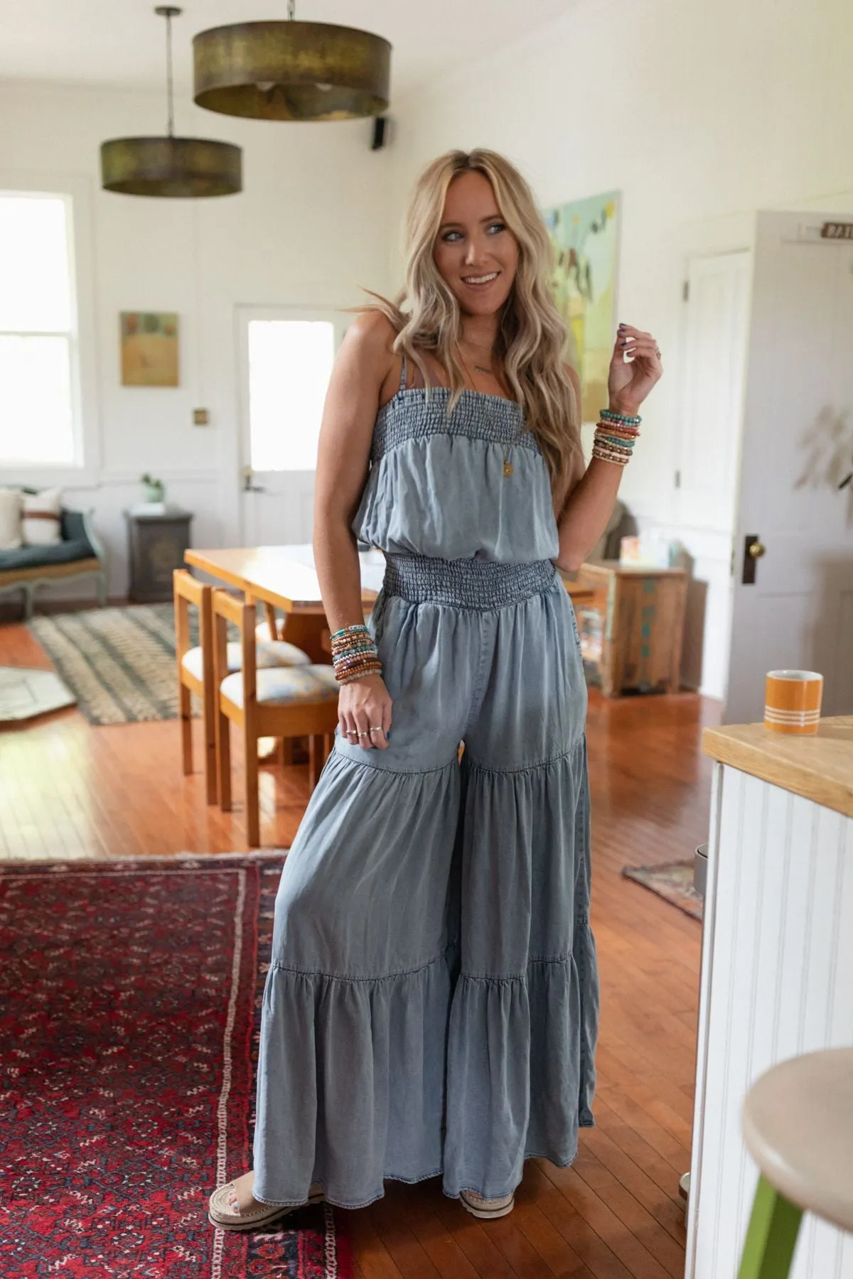 Harlow Wide Leg Chambray Jumpsuit - Blue