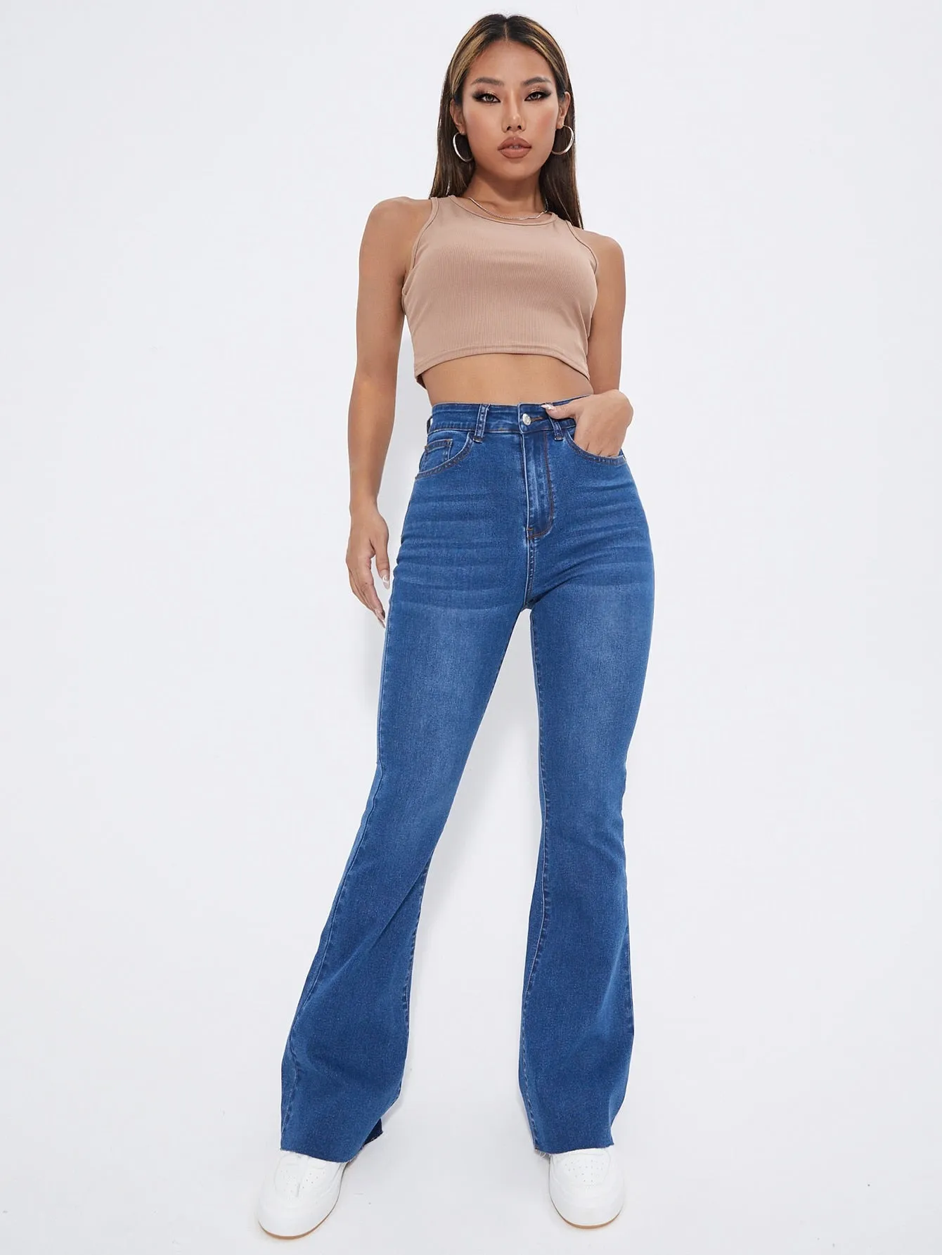 High Waist Raw Cut Flare Jeans