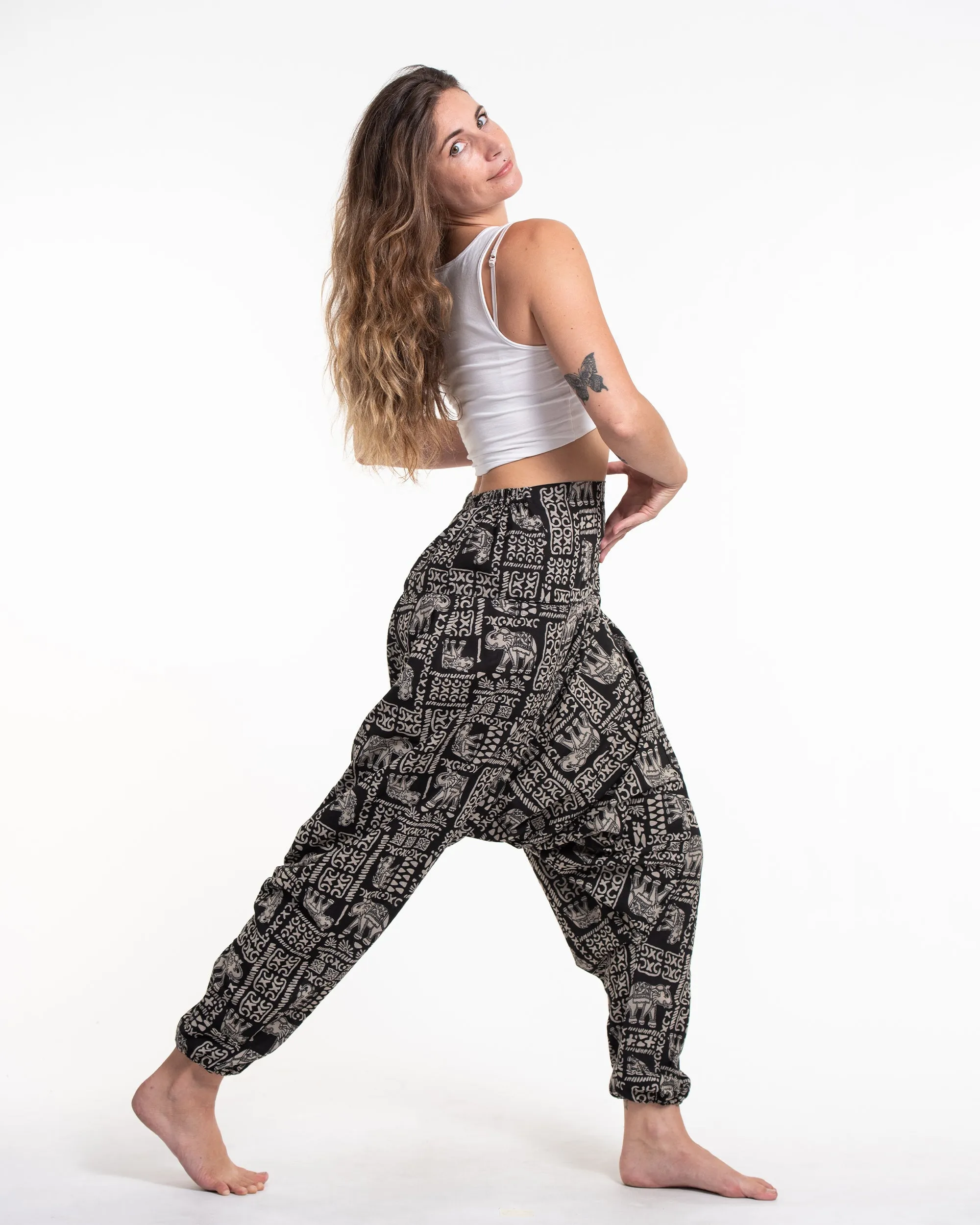 Hill Tribe Elephant Print Women's Harem Pants in Black