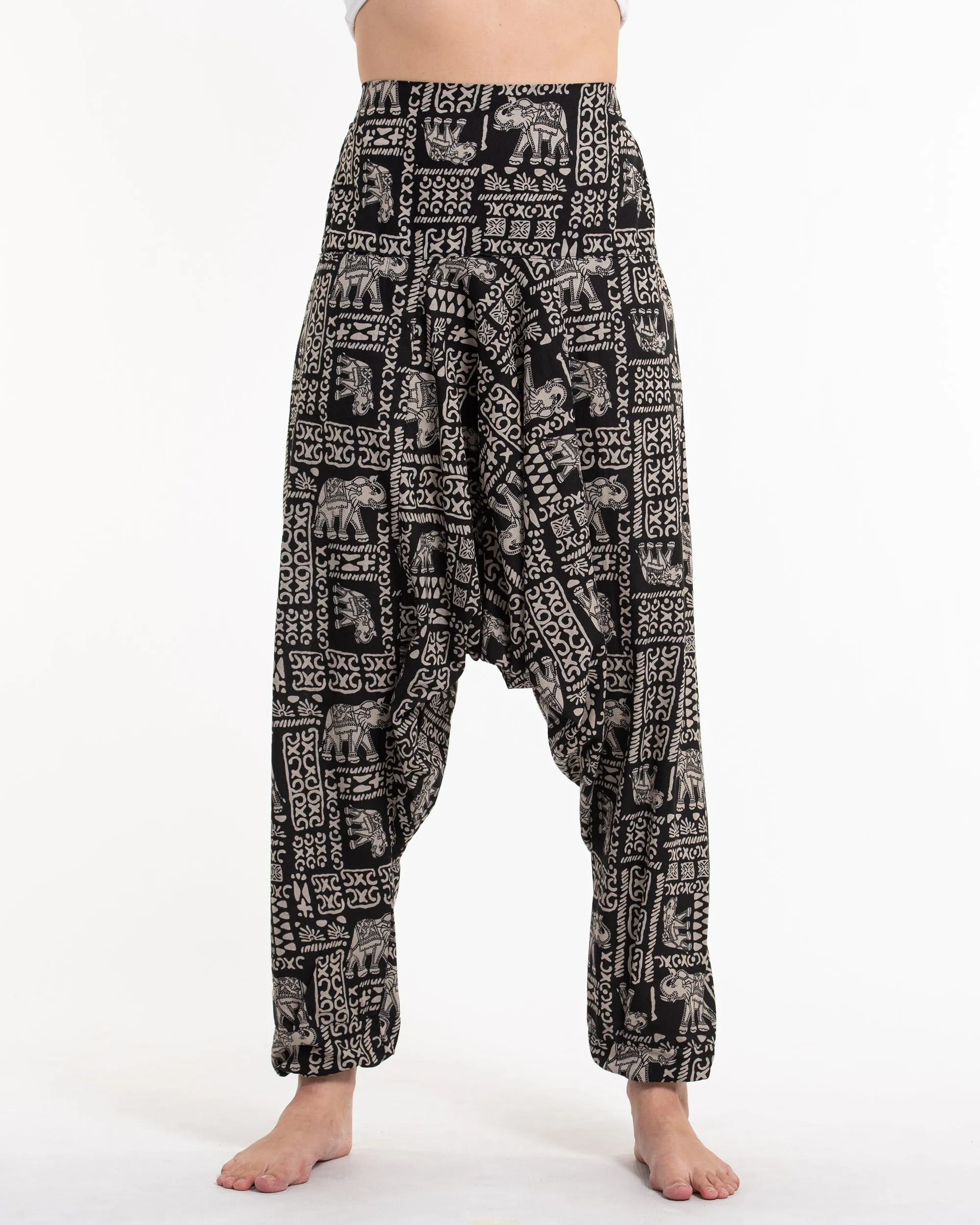 Hill Tribe Elephant Print Women's Harem Pants in Black