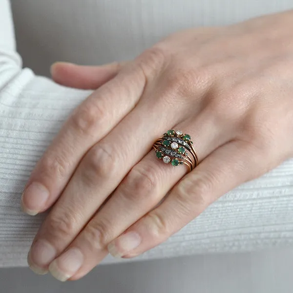 Late Victorian 14kt Emerald & Diamond Curvy Harem Ring