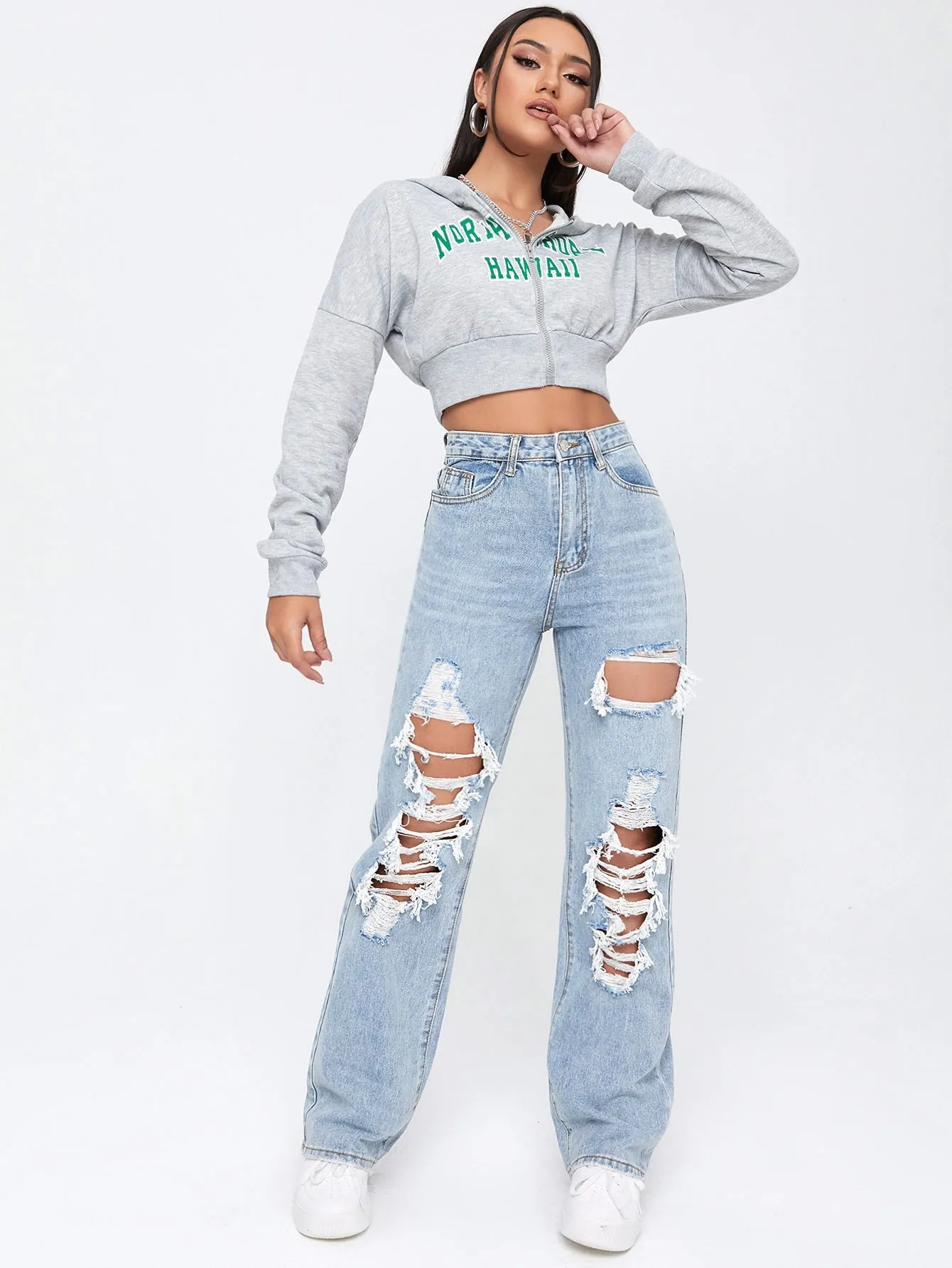 Light Washed Cut Out Ripped Straight Leg Jeans