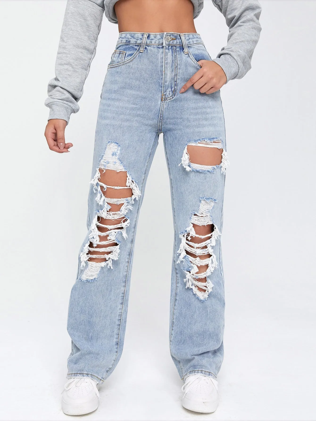 Light Washed Cut Out Ripped Straight Leg Jeans