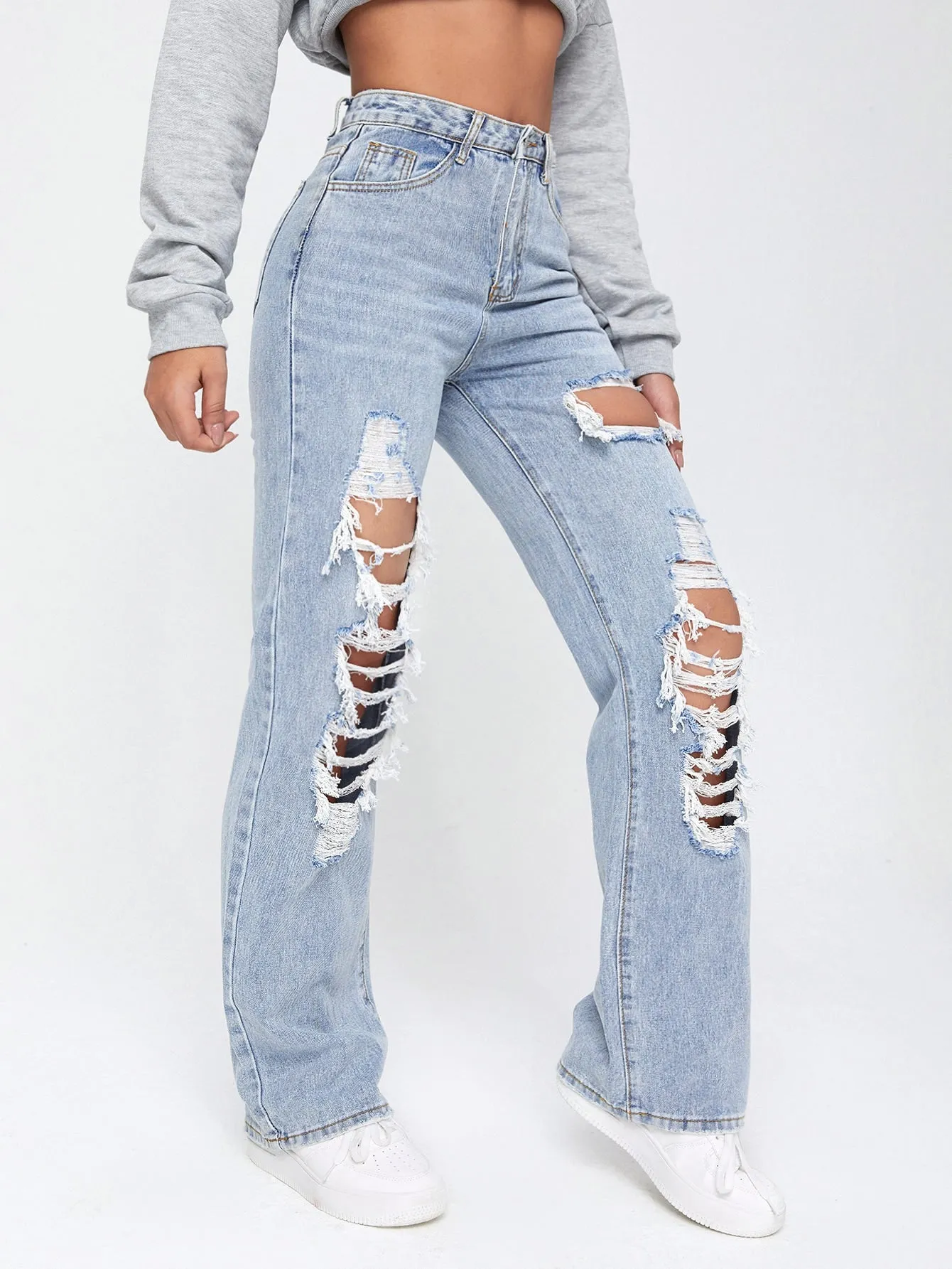 Light Washed Cut Out Ripped Straight Leg Jeans