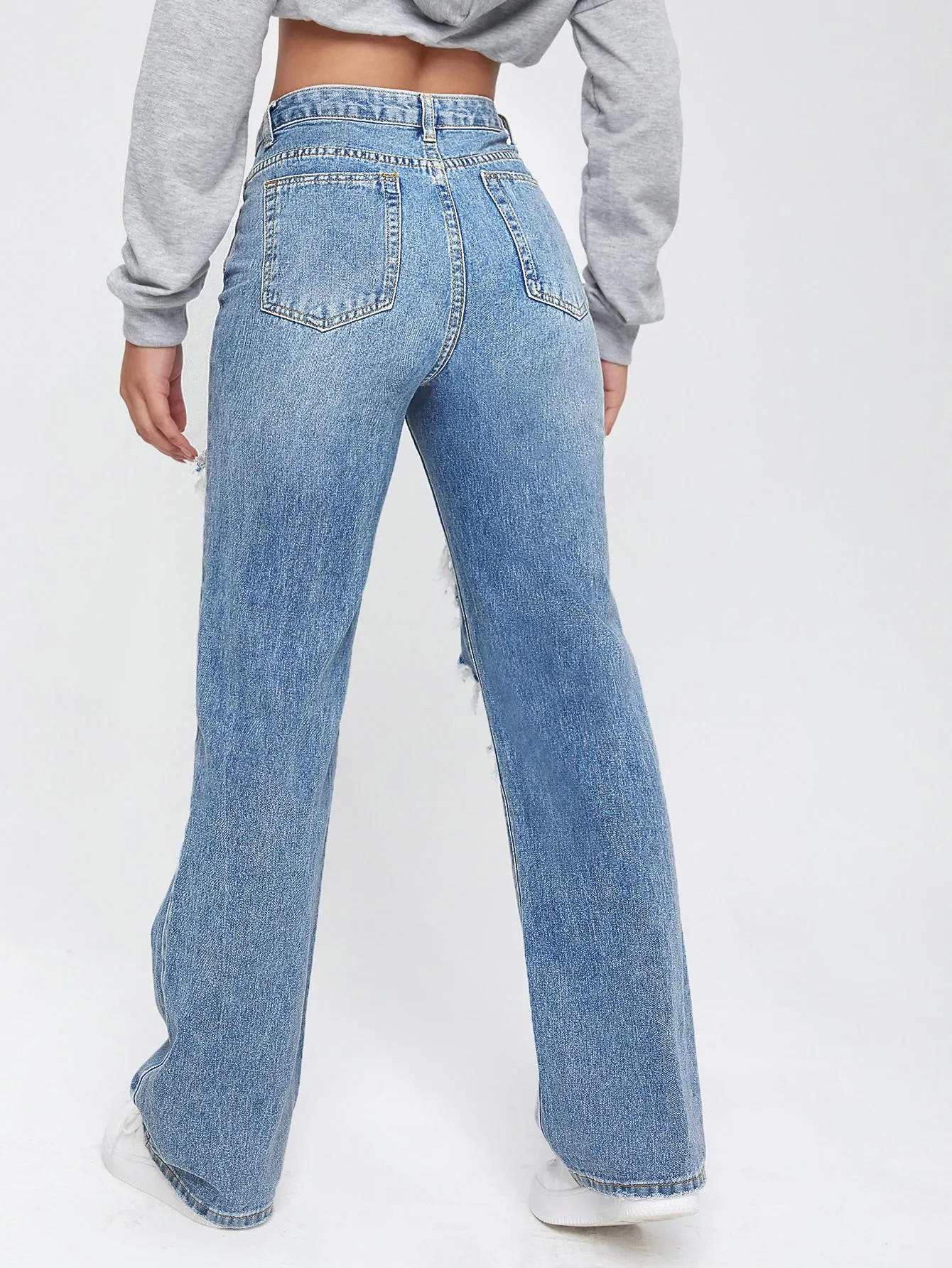 Light Washed Cut Out Ripped Straight Leg Jeans