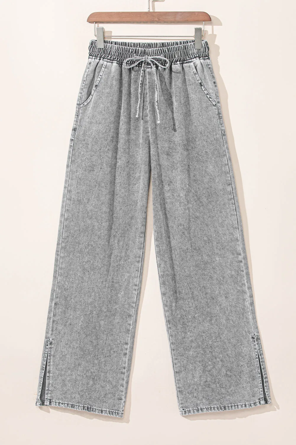 Medium Grey Drawstring Elastic Waist Wide Leg Jeans