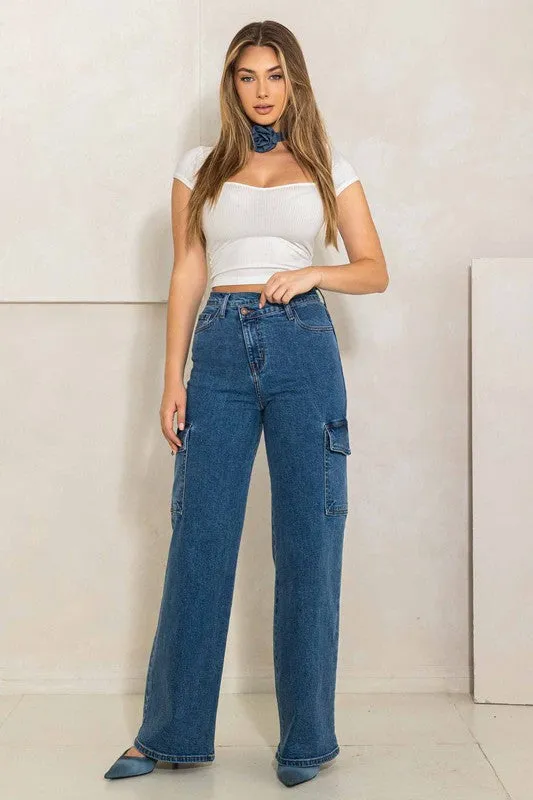 Memory High Rise Crossed Waist Cargo Wide Jeans [online exclusive]