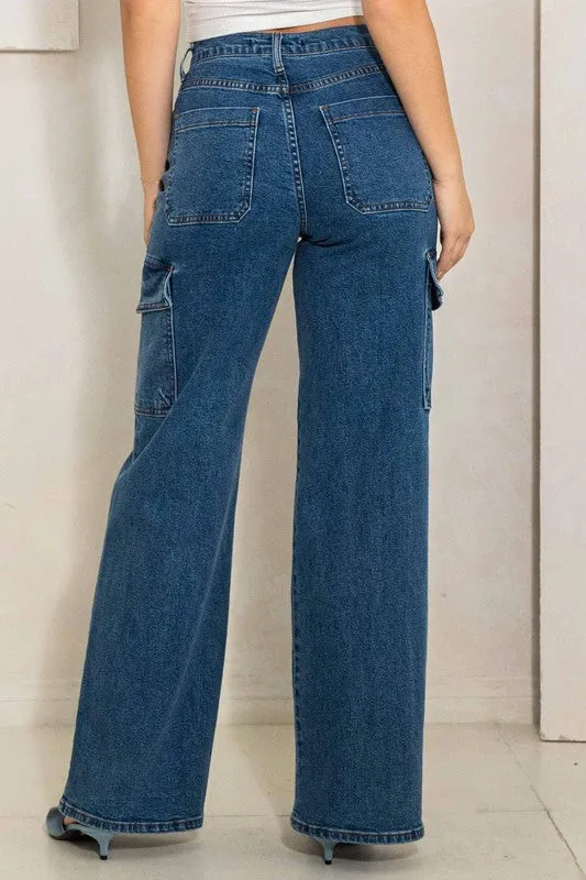 Memory High Rise Crossed Waist Cargo Wide Jeans [online exclusive]